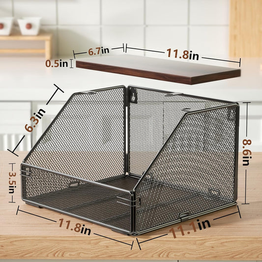 Stackable Fruit Basket for Kitchen Countertop Space Saving, Wall Mounted Mesh Metal Wire Baskets with Wood Lid Extra Storage, 2 Pack Kitchen Counter Organizer for Snack, Onion and Potato Storage