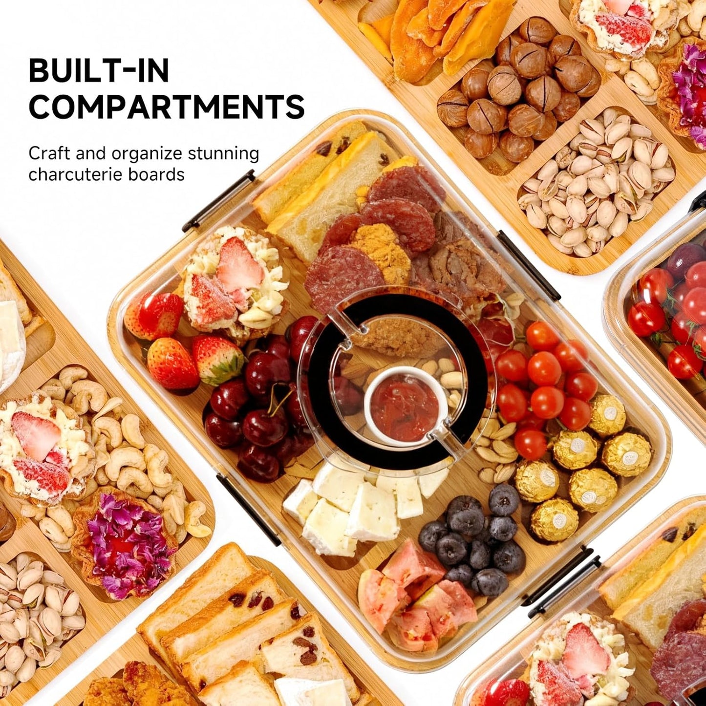 Charcuterie Board with Clear Locking Lid, Portable Travel Cheese Board & Snack Tray with Handle, 6-Compartment Charcuterie Boards, Reversible Cutting Board for Parties, Potlucks, Housewarming Gifts