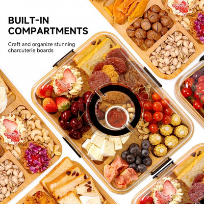 Charcuterie Board with Clear Locking Lid, Portable Travel Cheese Board & Snack Tray with Handle, 6-Compartment Charcuterie Boards, Reversible Cutting Board for Parties, Potlucks, Housewarming Gifts