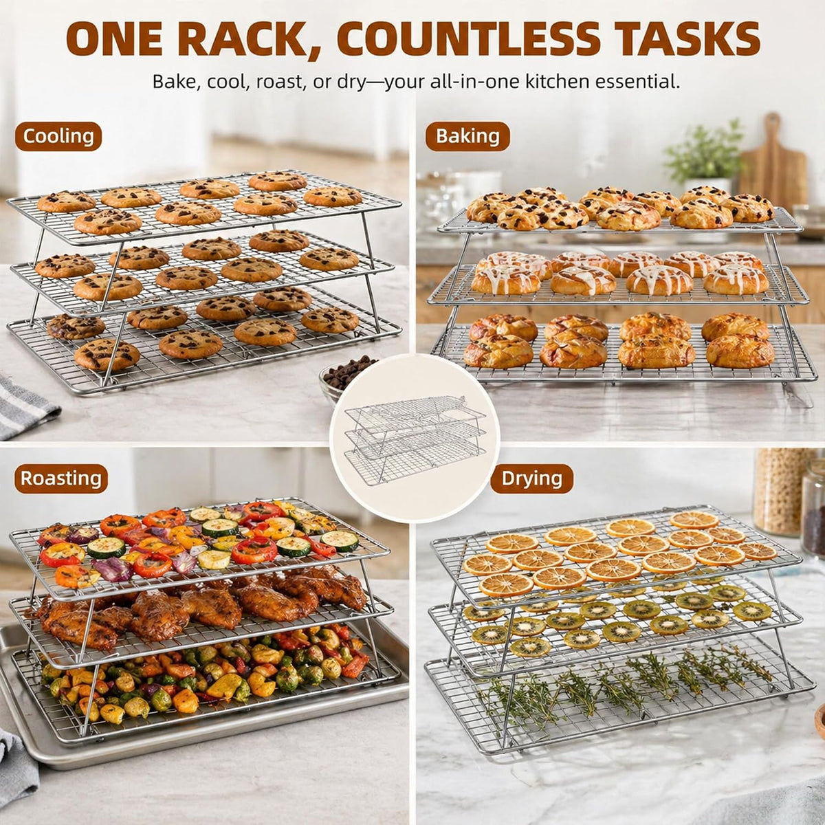 Cooling Rack 16"x10", 3-Tier Stackable & Collapsible Cooling Racks