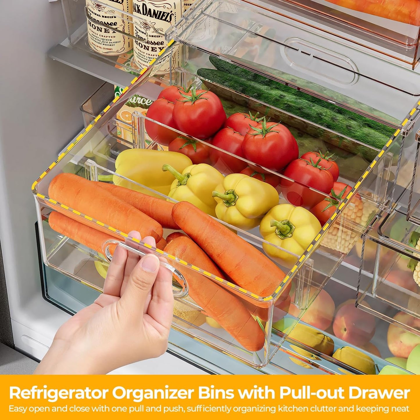 2 Pack Refrigerator Organizer Bins Stackable Fridge Organizer Set with Pull-out Drawer Clear Vegetable Fruit Storage Containers for Kitchen Pantry Organization