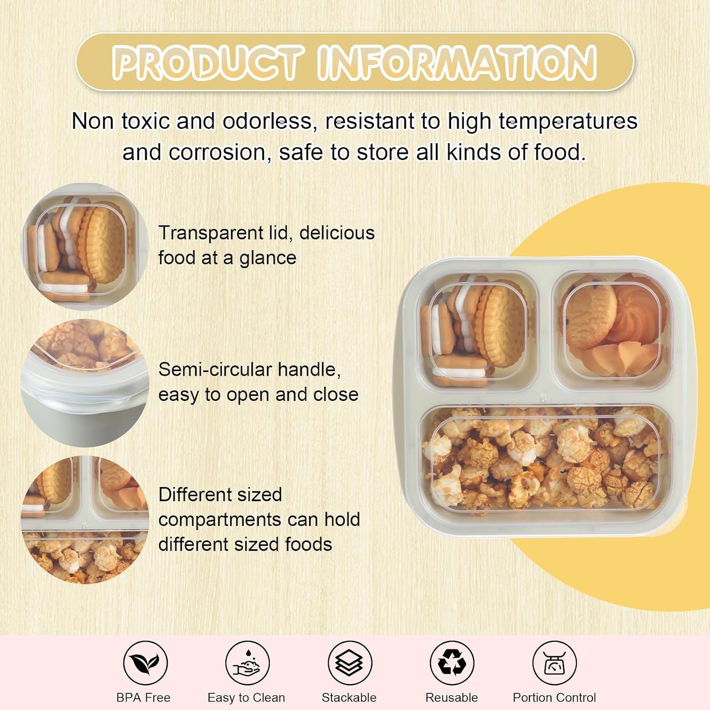 Honeydak 5 Pack Snack Containers 3 Compartment Bento Snack Boxes Divided Meal Prep Containers with Lids Reusable Adults Lunch Food Storage Box for School Work Travel(Elderberry)