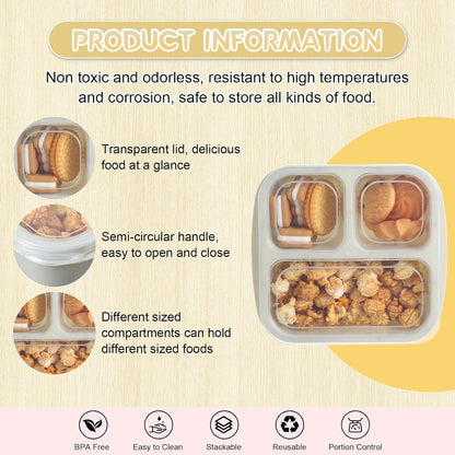 Honeydak 5 Pack Snack Containers 3 Compartment Bento Snack Boxes Divided Meal Prep Containers with Lids Reusable Adults Lunch Food Storage Box for School Work Travel(Elderberry)