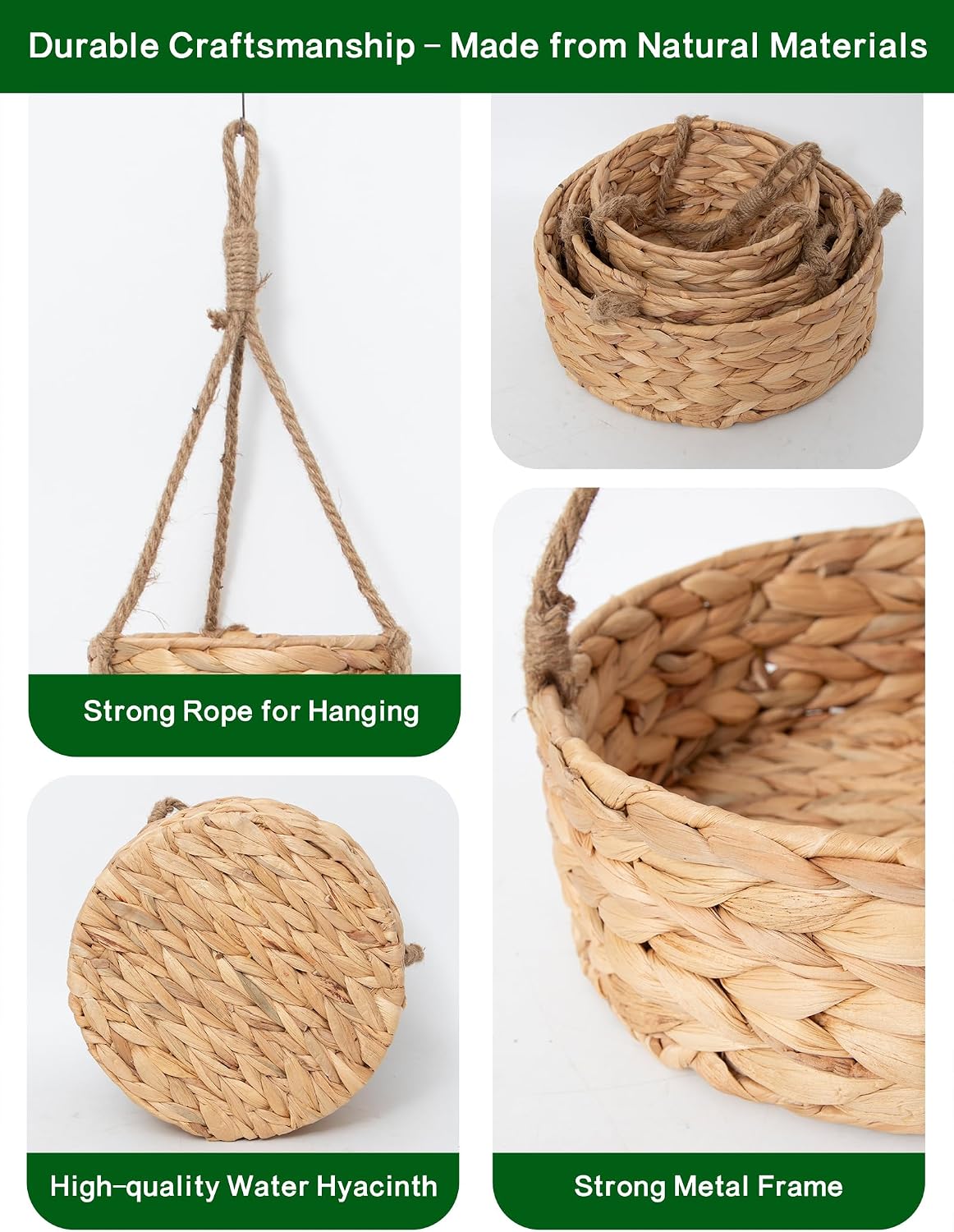 VerdantVibes Woven Wall Hanging Basket – 3-Tier Natural Water-Hyacinth Organizer for Boho Farmhouse Decor, Kitchen & Home Storage (37.4" x 11.2", Folds Flat)