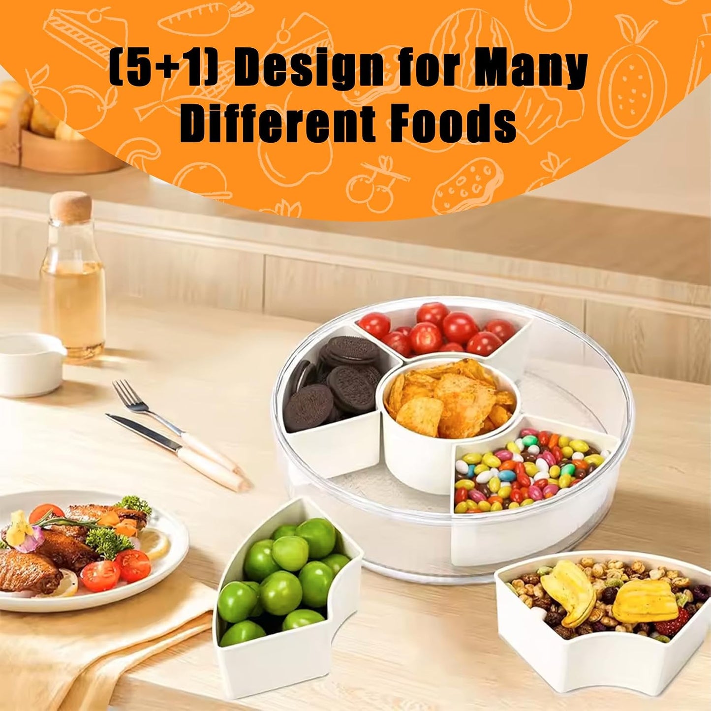 Rotating Snackle Box Container for Kids, Divided Rotating Serving Tray with Lid and Handle, Veggie Tray with Lid for Fridge, Rotating Food and Fruit Tray (small 10")