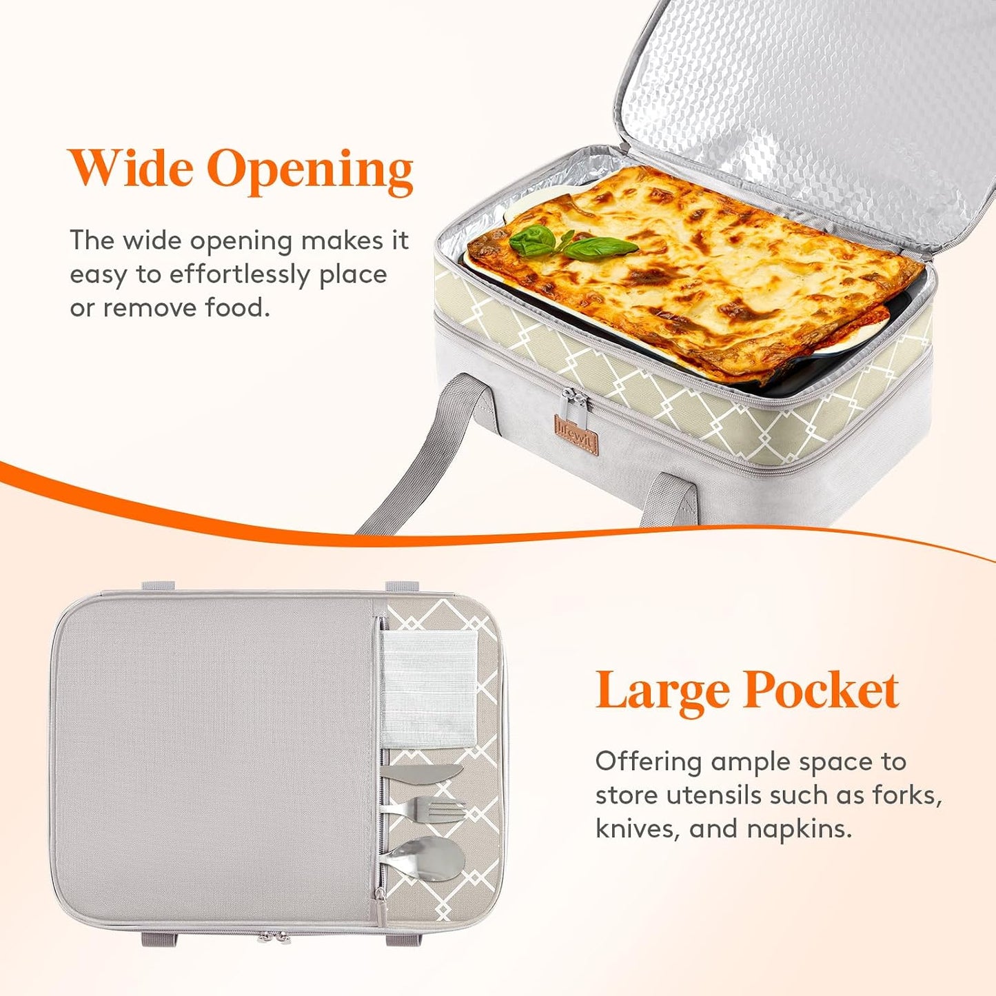 Lifewit Insulated Single Decker Casserole Carrier, Lasagna Lugger Holder for Hot or Cold Food, Fits 9" x 13" Baking Dish, Thermal Lunch Tote Bag for Potluck Parties, Picnic and Cookouts, Grey