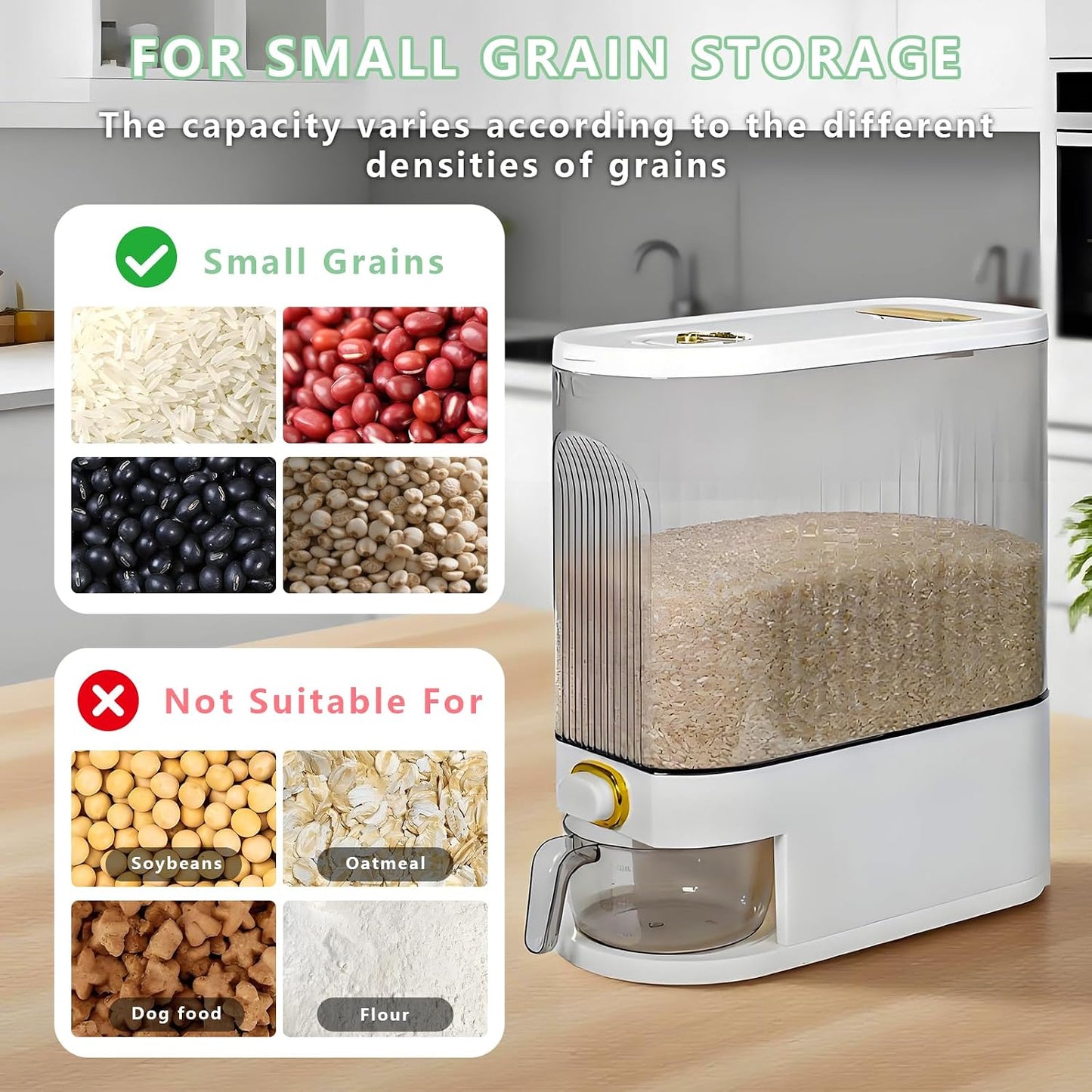 Rice Storage Container 10kg, Clear Food Grain Dispenser with Date Dial & Measuring Cup, Space-Saving Organizer for Rice, Cereal, Pet Food, Pasta