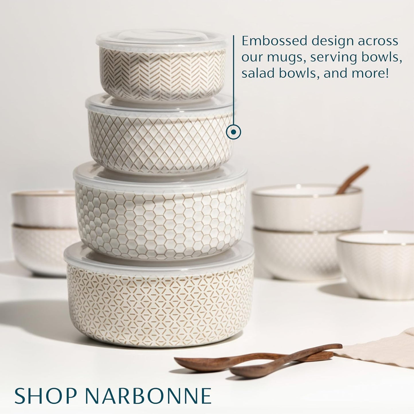KooK Serving Bowls, with Lids, Ceramic Nesting Bowls, Set of 4, Embossed, Kitchen, Prep, Stackable, Gift, Microwave and Dishwasher Safe, 10/16/29/47 oz, Narbonne Collection (Ivory)