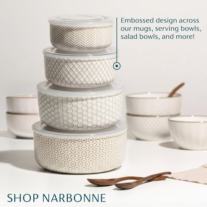 KooK Serving Bowls, with Lids, Ceramic Nesting Bowls, Set of 4, Embossed, Kitchen, Prep, Stackable, Gift, Microwave and Dishwasher Safe, 10/16/29/47 oz, Narbonne Collection (Ivory)