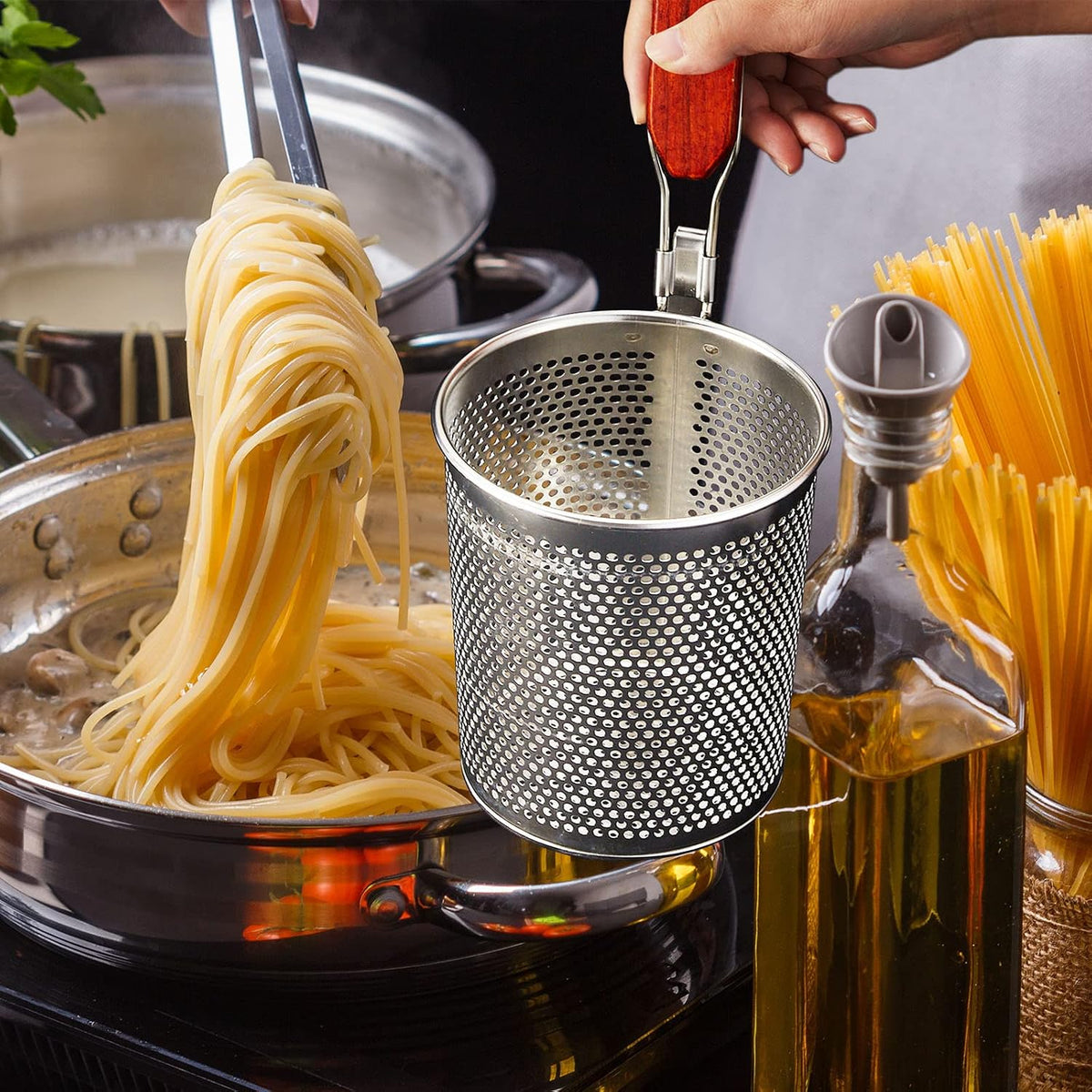 Tessco 4 Pcs Pasta Strainer, 4.7" x 5.2'' Stainless Steel Pasta Basket Mesh Cooker with Wood Handle, Spider Strainer Kitchen Skimmer for Food Dumpling Noodle Blanching(Dark Color)