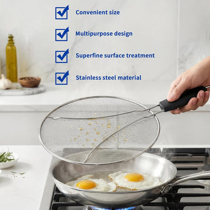 Splatter Screen for Frying Pan - 10’’ Stainless Steel Grease Splatter Guard with Grip Handle- Ultra Fine Mesh Cover Oil Splash when Sizzling Bacon, Cooking Fried Chicken or Popcorn