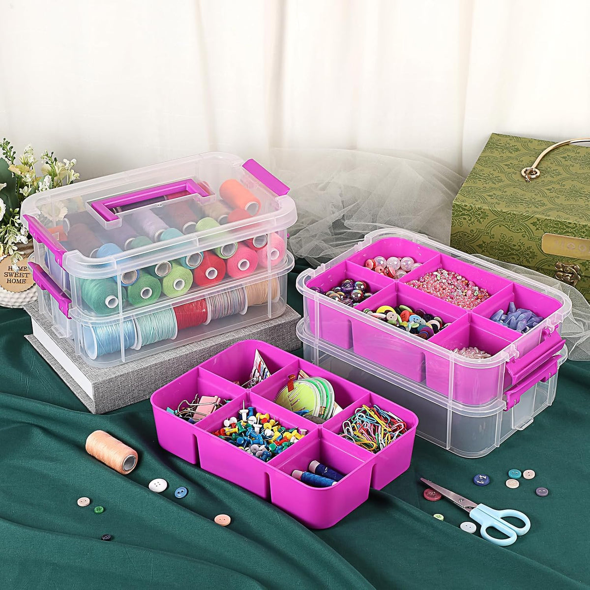 JUXYES 4-Tiers Plastic Stack Carry Storage Containers Box wih Handle Lids | Clear Stackable Latching Storage Bin With 2 Tray for School Office, Organizing Sewing, Art Craft, DIY Supplies, Blue