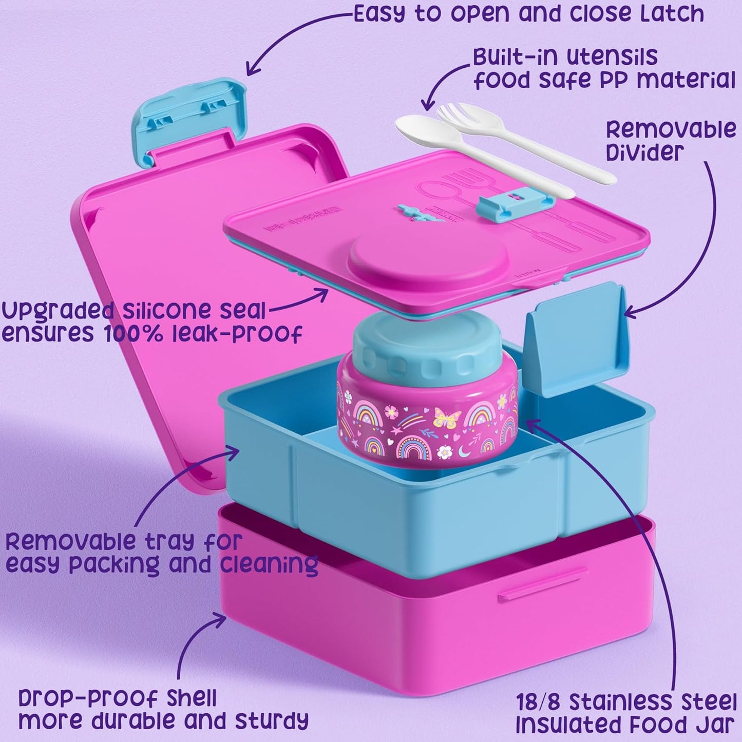 Fimibuke Bento Box for Kids Adult, BPA Free & Leakproof Toddler Lunch Box with 8.5oz Insulated Thermo Food Jar, Utensils & Sauce Jar, Dishwasher Safe 3 or 4 Compartment Container for School Girls Boys