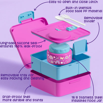 Fimibuke Bento Box for Kids Adult, BPA Free & Leakproof Toddler Lunch Box with 8.5oz Insulated Thermo Food Jar, Utensils & Sauce Jar, Dishwasher Safe 3 or 4 Compartment Container for School Girls Boys