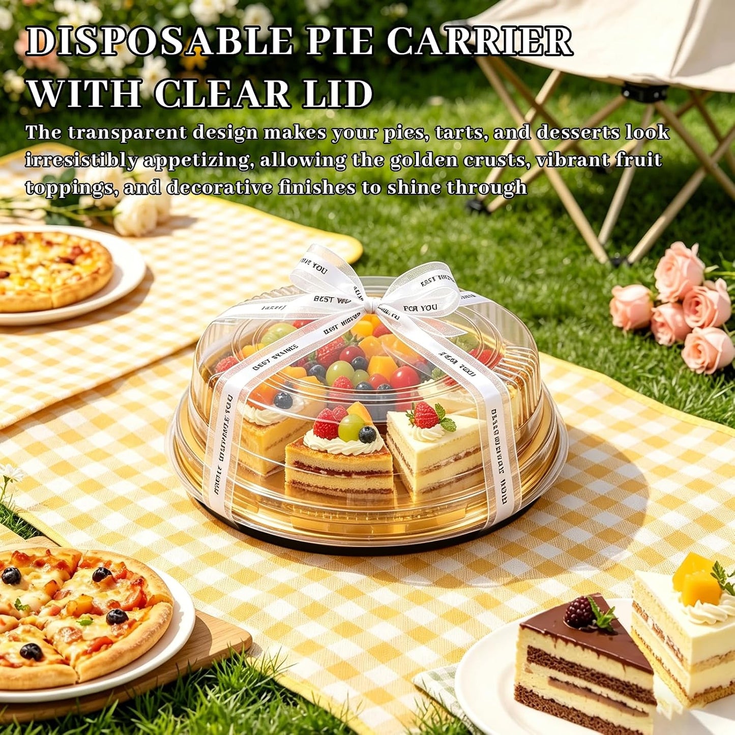 30 Pack 10 Inch Disposable Pie Carrier with Lid, Round Pie Platters Plastic Serving Tray, Catering Trays with Lids for Pies, Pizza, Desserts (Gold Bottom + Clear Lid)