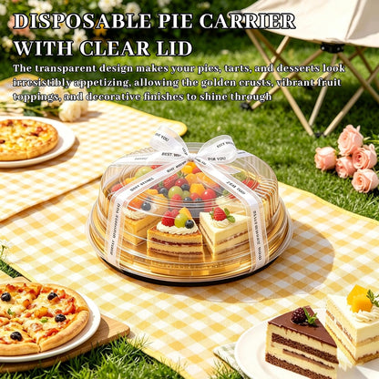30 Pack 10 Inch Disposable Pie Carrier with Lid, Round Pie Platters Plastic Serving Tray, Catering Trays with Lids for Pies, Pizza, Desserts (Gold Bottom + Clear Lid)