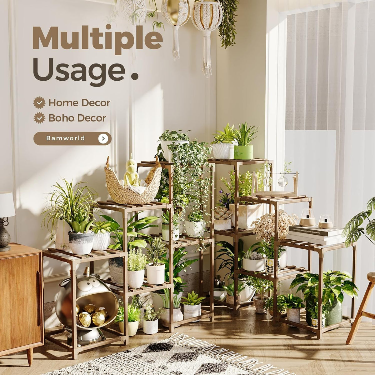Bamworld Plant Stand Indoor Plant Shelf Outdoor Wood Plant Rack