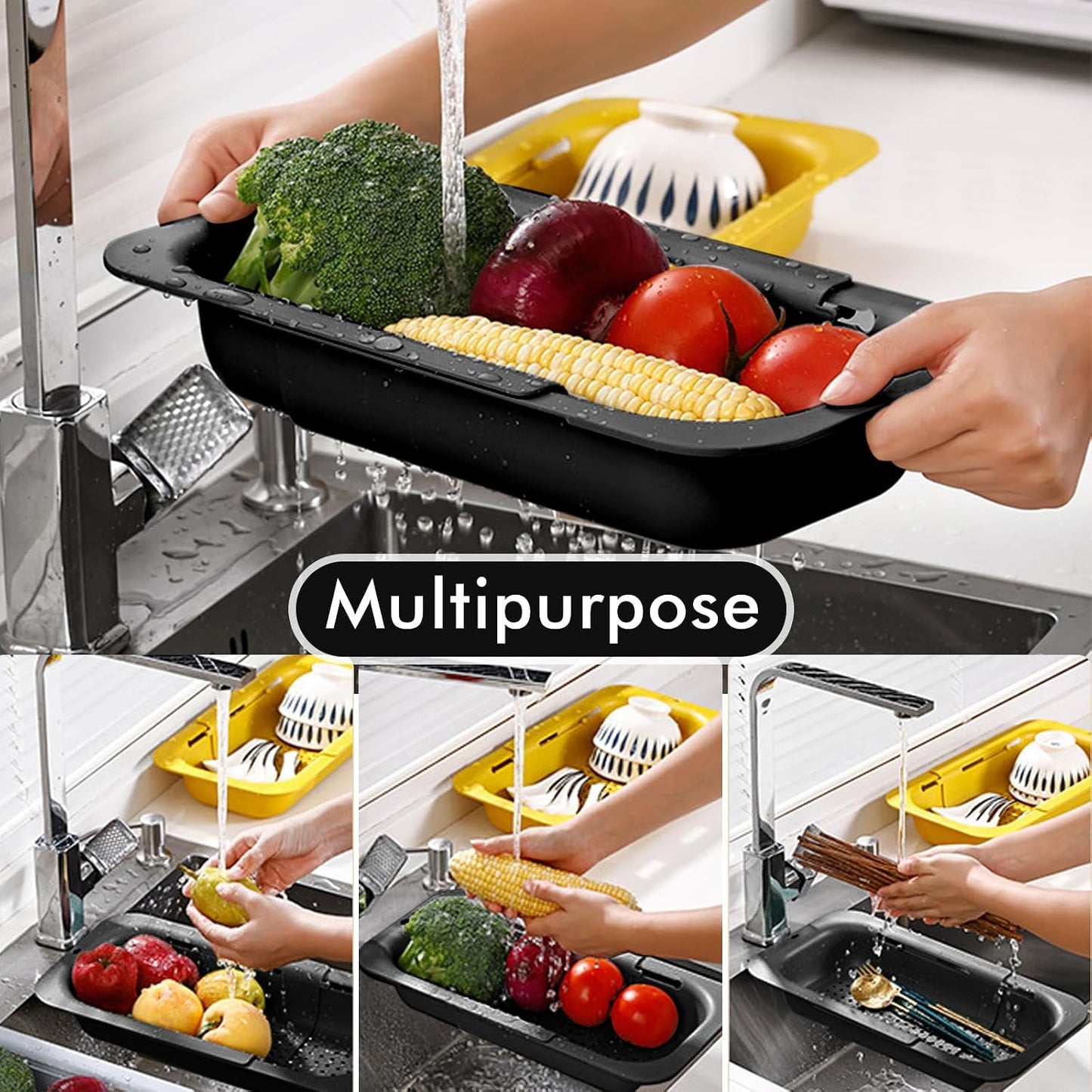 KesaPlan Collapsible Sink Colanders and Strainers Basket Over the Colander Extendable Plastic Fruit Vegetable Strainer Drainer for Kitchen(Length 14.3-19.4 inch)(Gray Set of 2)