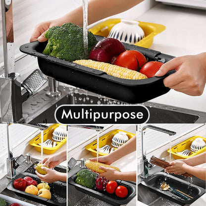 KesaPlan Collapsible Sink Colanders and Strainers Basket Over the Colander Extendable Plastic Fruit Vegetable Strainer Drainer for Kitchen(Length 14.3-19.4 inch)(Gray Set of 2)