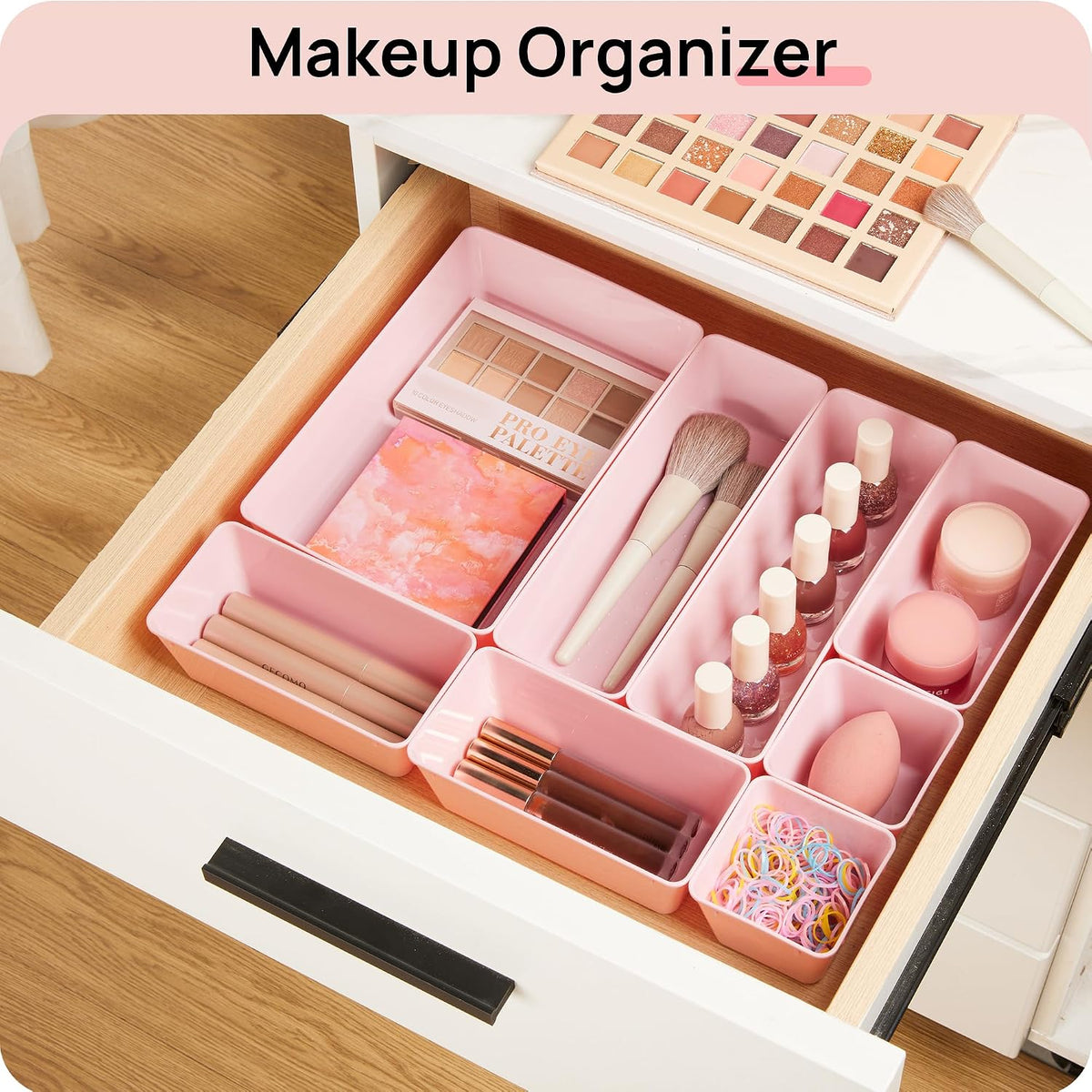 Vtopmart 44 PCS Clear Plastic Drawer Organizers Set, 4-Size Versatile Bathroom and Vanity Organizer Trays, Non-Slip Storage Containers for Makeup, Jewelries, Bedroom，Kitchen Utensils and Office