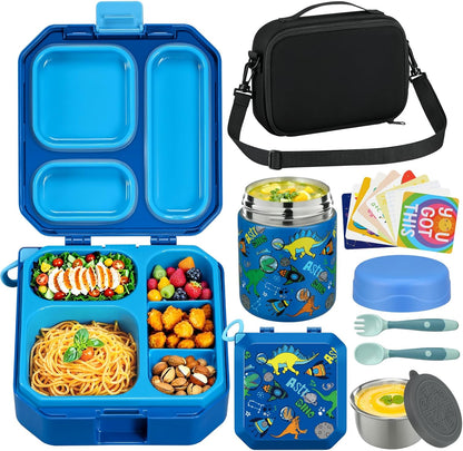 Itslife Bento Lunch Box Set for Kids with 12oz Soup Thermo&Lunch Bag, Leak-Proof Lunch Food Containers for Kids School, 5 Compartment, Sauce Cup, 10 Notes (Dinosaurs Black)