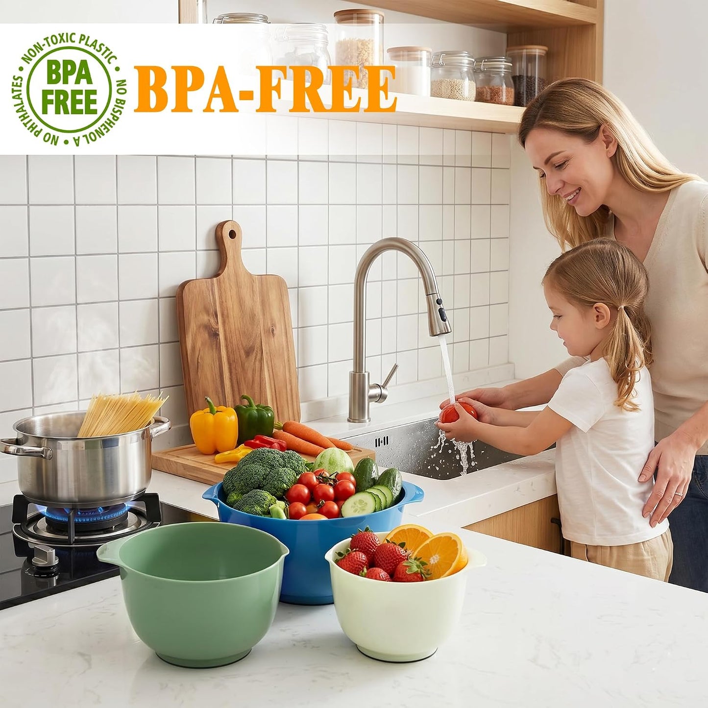 BoxedHome Nesting Plastic Mixing Bowl Set With Pour Spout, Microwave and Dishwasher Safe, BPA free Non-Slip Base, Set of 4 Size 1.7, 2.5, 3.5 and 4.5qt, Great for Prepping, Baking, Cooking (Dark Blue)