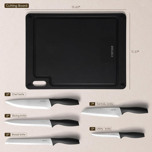 CAROTE Knife Set, 11 Pcs Kitchen Knives with 5 Blade Guards & Non-Slip Cutting Board, Rustproof Stainless Steel 5 Kitchen Knife Set, Plain Black