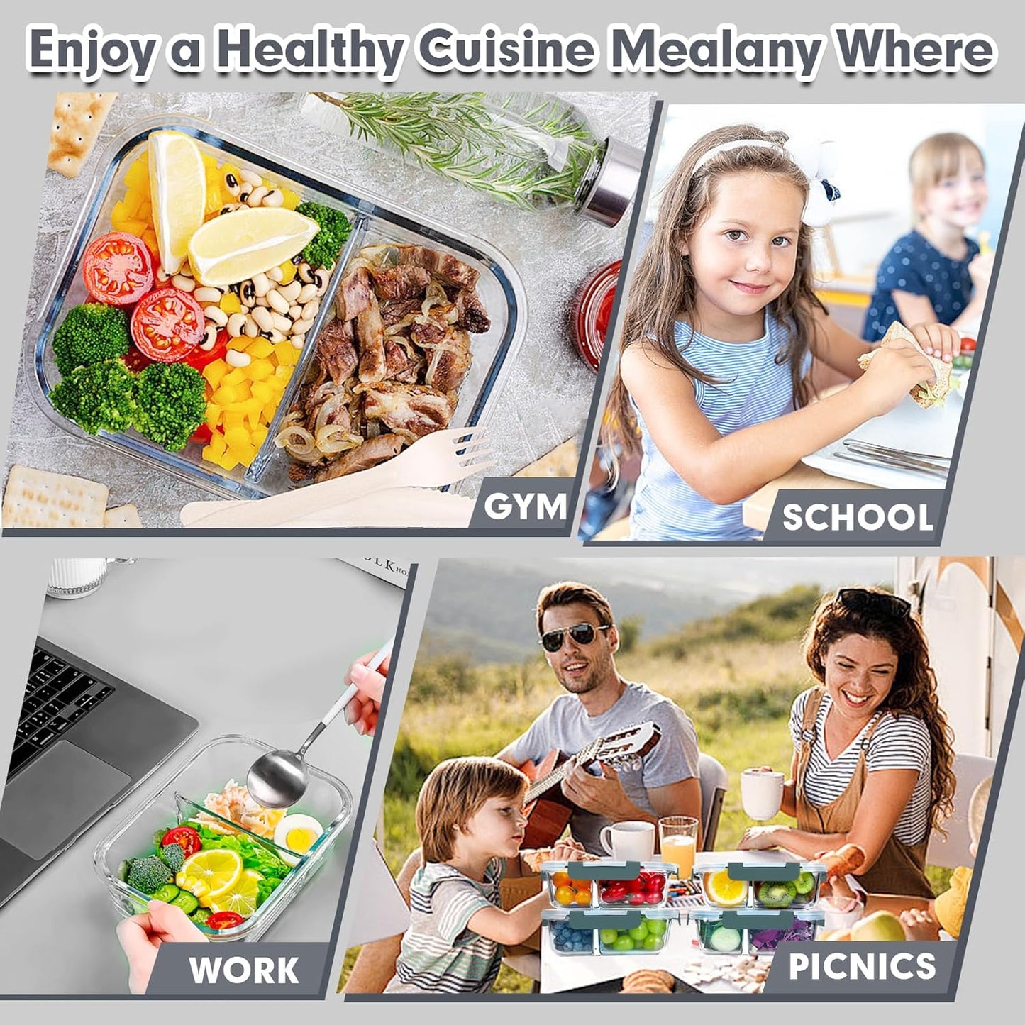 VERONES 5 Pack Glass Meal Prep Containers 2 Compartment Set, 36OZ Airtight Lunch Containers, Glass Food Storage Containers with Lids, for Microwave, Oven, Freezer & Dishwasher Friendly,White