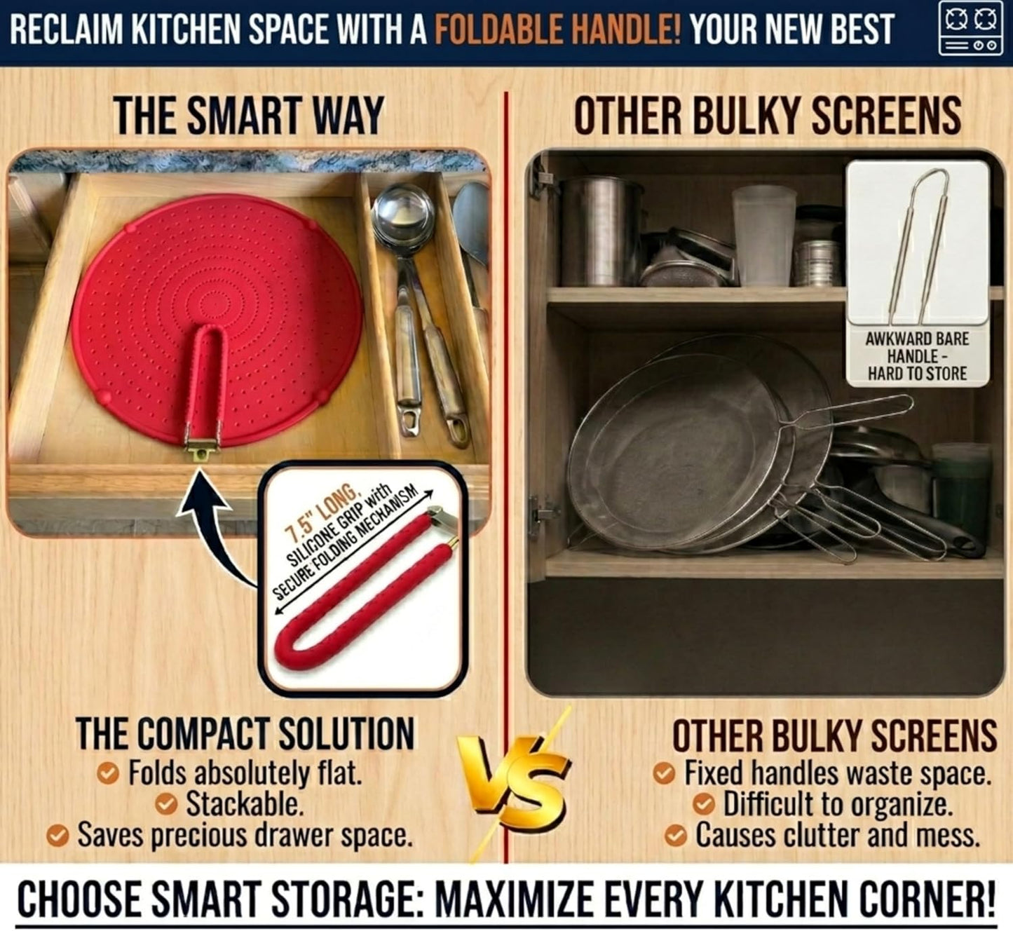 Silicone Splatter Screen for Frying Pan, 13” Navy – Grease & Oil Splatter Guard, Heat Resistant, Dishwasher Safe, Foldable Handle with Sleeves – Splash Guard Fits 10–12” Pans, Most 13” Skillets