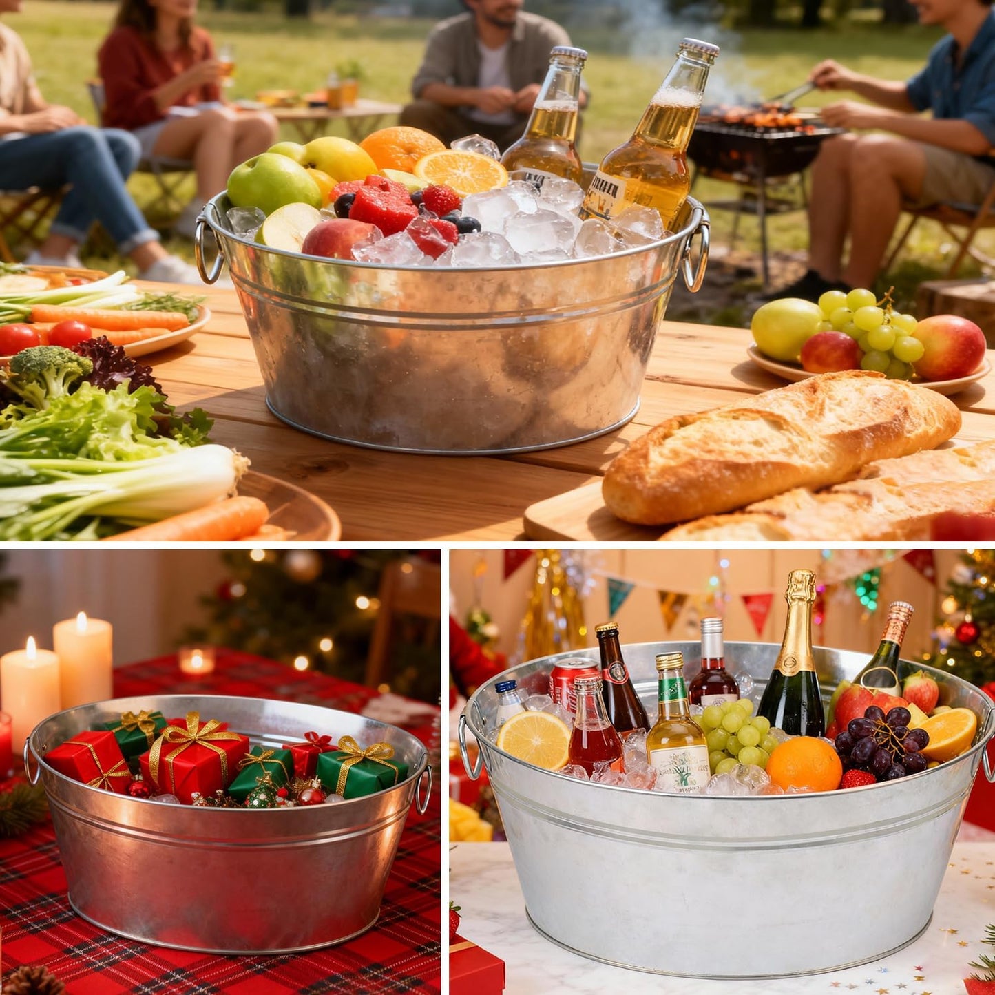 2 PCS 15.3 x 11.7 inch Oval Galvanized Tub with Handles, 3.5 Gallon Metal Ice Bucket, Large Metal Drink Buckets for Wine, Cocktails, Parties, Outdoor Beer Ice Tub