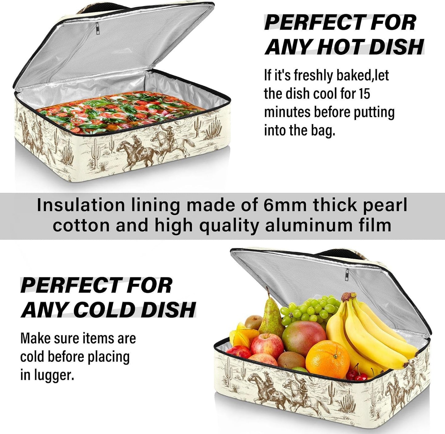 Casserole Carrier Insulated American Wild Western Desert Cowboy Dish 9x13 with Lid Party Travel Warmer Bag for Hot or Cold Food Lasagna Pizza Holder Tote