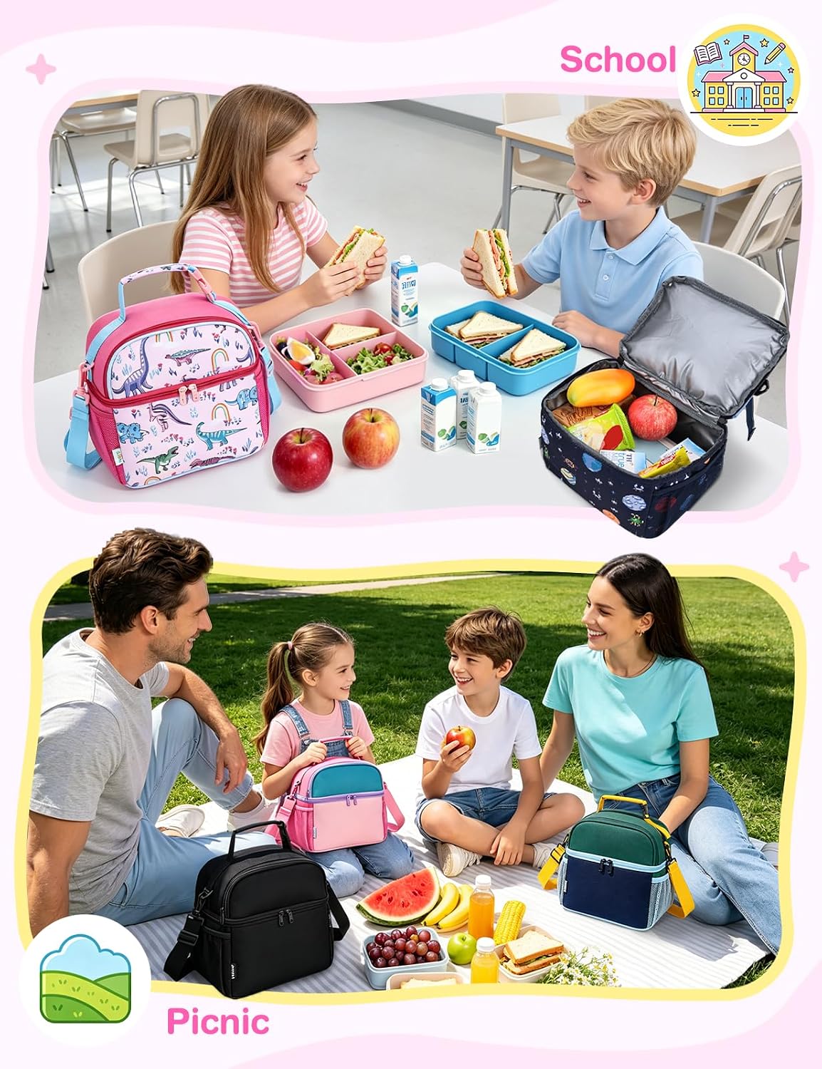 VASCHY Lunch Box Bag for Kids, Insulated Double Compartments Cooler Lunch Tote for Toddlers Boys Girls School/Daycare/Picnic Black Dinos