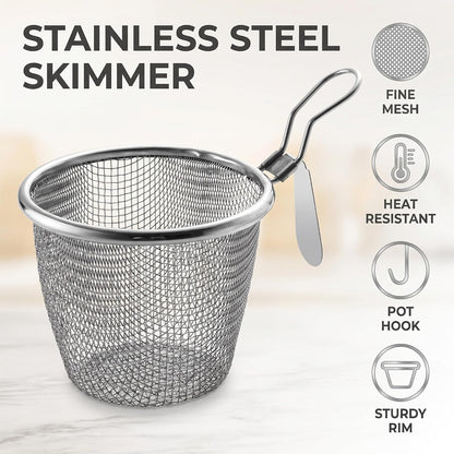 Stainless Steel Pasta Basket, Mesh Spider Food Dumpling Noodle Strainer, Fine Mesh Strainer with Handle