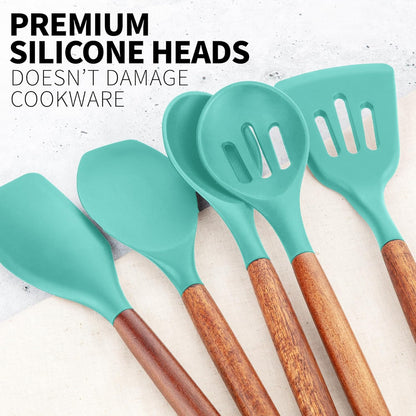 Zulay Kitchen Utensils Set Non-Stick Silicone Cooking Utensils Set with Authentic Acacia Wood Handles - 5 Piece Silicone Utensil Set - Kitchen Utensils Set with 464°F Heat Resistance - Gray