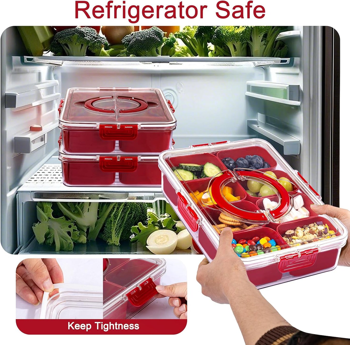 U-QE Dishwasher Safe Snackle Box Container with 8 Small Snacks Box - Premium Ivory Plastic Divided Serving Tray with Lid and Handle for Snack, Veggie, Fruits, Perfect for Party, Picnic, Entertaining