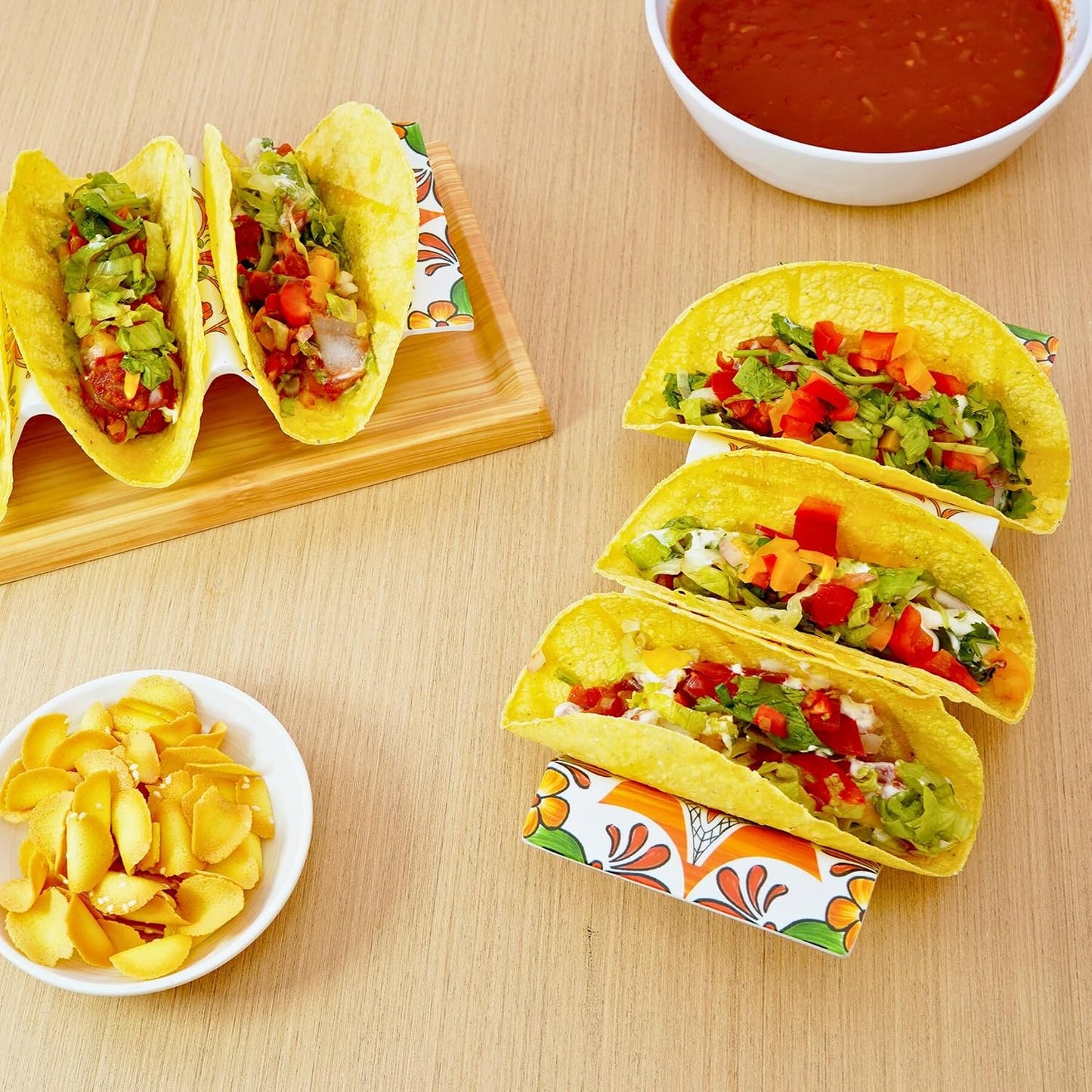 TP Taco Holder Stands, Set of 2 Melamine Large Taco Serving Rack Tray with Handle, Holds 3 Tacos, Dishwasher Safe, Ideal for Taco Night, Party, Home, Fiesta, Talavera Tile