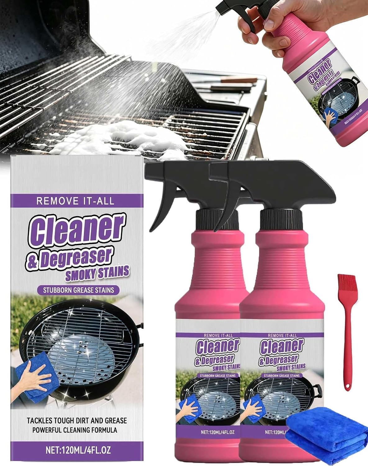 Fast-Acting Heavy-Duty Grill Degreaser Spray, 120ml BBQ Grill Cleaner, Professional Strength BBQ Cleaner & Degreaser For Grates, Ovens & Smoker Racks, Powerful Grease & Burnt-On Carbon Remover (2pc)
