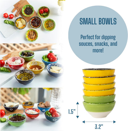 Ceramic Small Dipping Bowls Set of 6, 3.5 Oz Soy Sauce Dish, Handmade Charcuterie, Colorful Pinch, Dishwasher & Microwave Safe, 3.2'' Mini (SULTAN'S GARDEN)