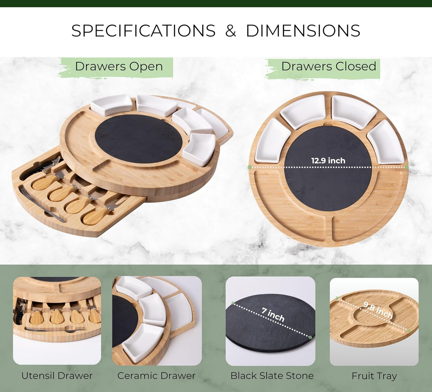 Elegant Bamboo Cheese Board Set: Appetizer & Charcuterie Platter with Drawers, Forks, Knives, Wine Key, Fruit Tray – Perfect Housewarming, Wedding & Bridal Gift.