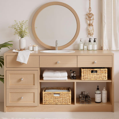 StorageWorks Wicker Basket for Organizing, Pantry Organizer with Wooden Frame, Water Hyacinth Storage Basket for Shelves