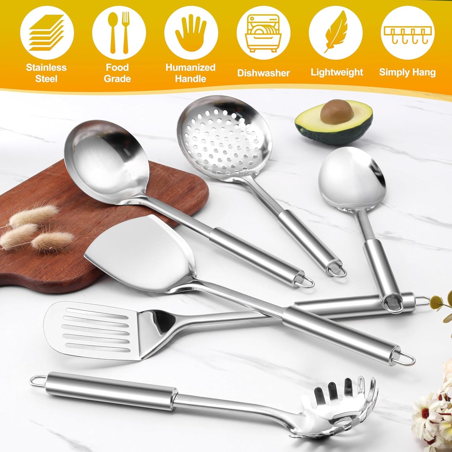 E-far Cooking Utensils Set, 10-Piece Stainless Steel Kitchen Utensils with Holder, Metal Heat Resistant Kitchen Cookware Tool Spatula Set for Cooking, Easy Clean & Dishwasher Safe