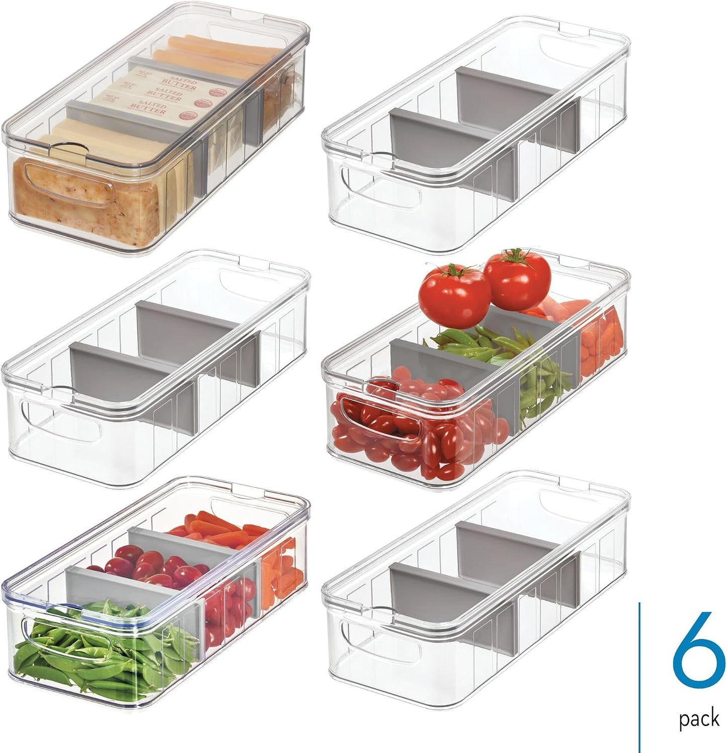 iDesign Large Fridge Organizer Bin with Removable Divider and Lid - Set of 3 - Clear/Gray