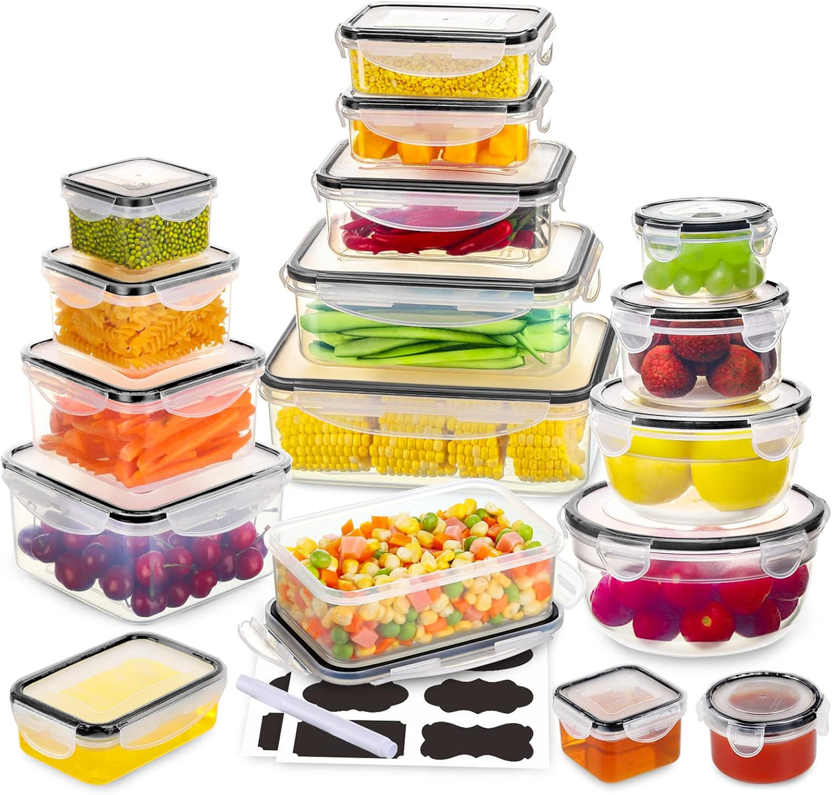 62 PCS Large Food Storage Containers with Lids Airtight (31 Lids &31 Containers) - Leakproof Meal-Prep Containers for Kitchen Storage Reusable Plastic Microwave/Dishwasher Safe with Labels & Pen
