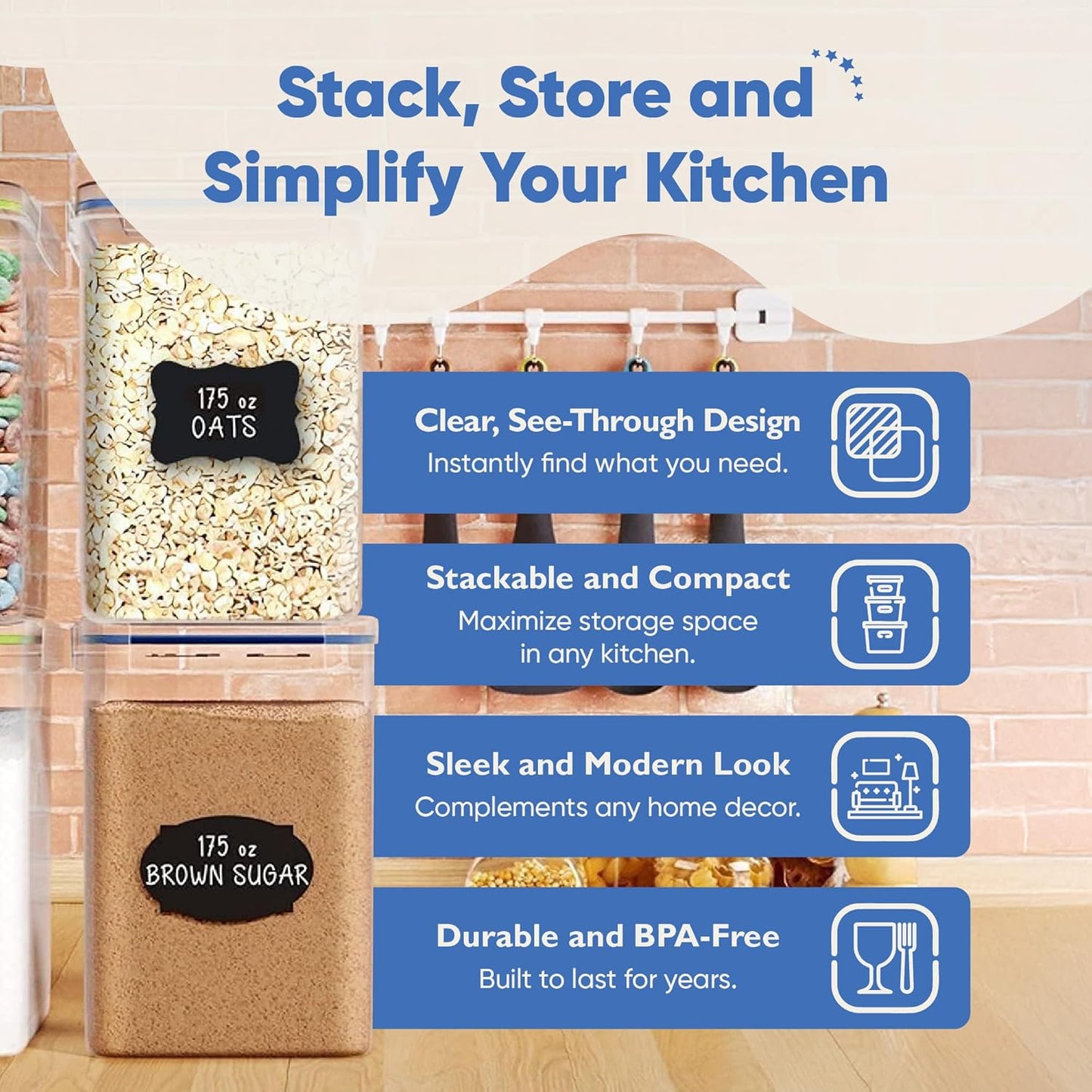 Chef's Path Extra Large Airtight Food Storage Containers with Lids, Pack of 2, 6.5L, 220Oz, Airtight Kitchen and Pantry Bulk Canisters for Flour, Sugar, Rice, and Baking Supplies - Transparent