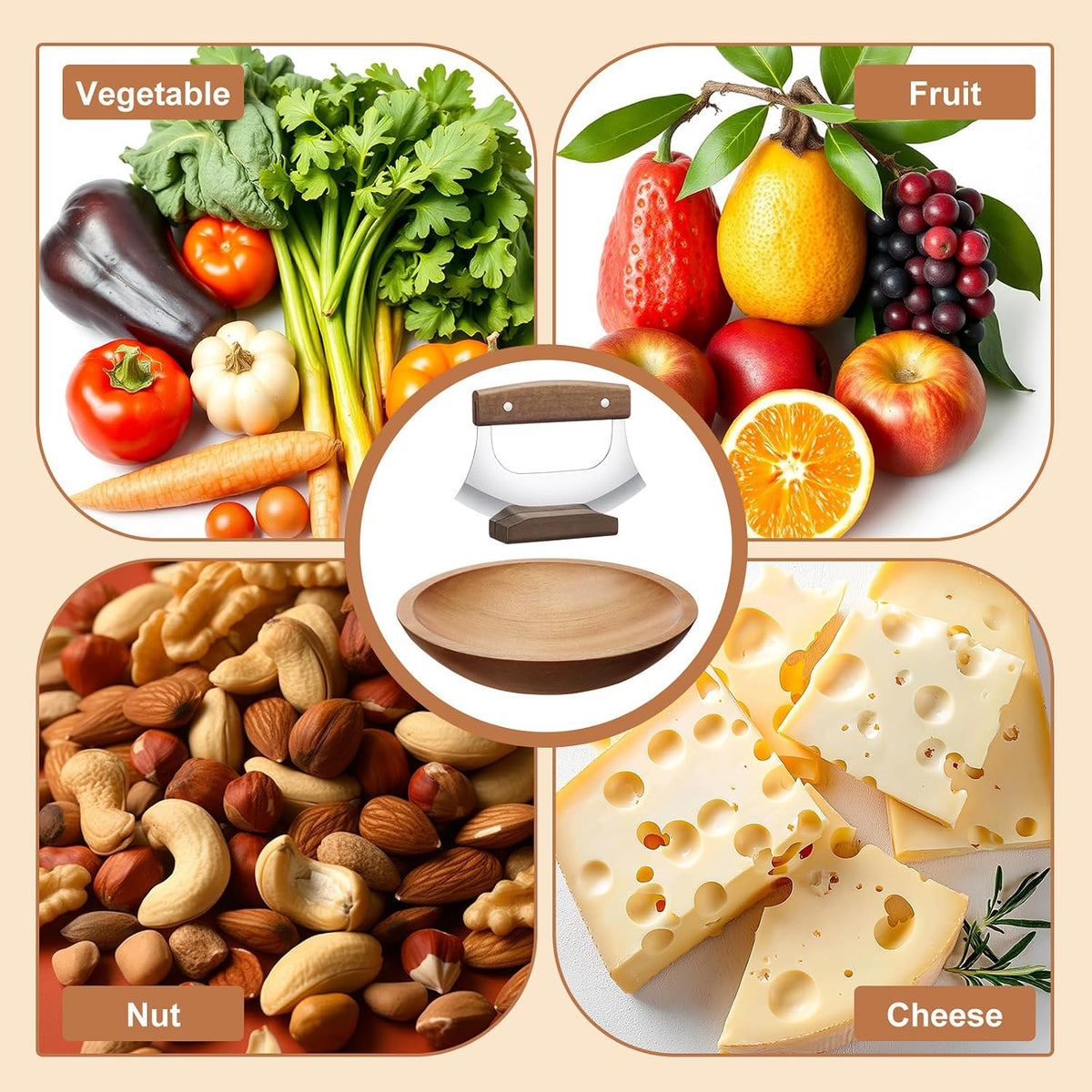 9 Inch Walnut Chopping Bowl and Mezzaluna Knife Set Solid Wood Salad Bowl for Chopping Walnut Herbs Spices Vegetables Eggs Chicken (Round Style)