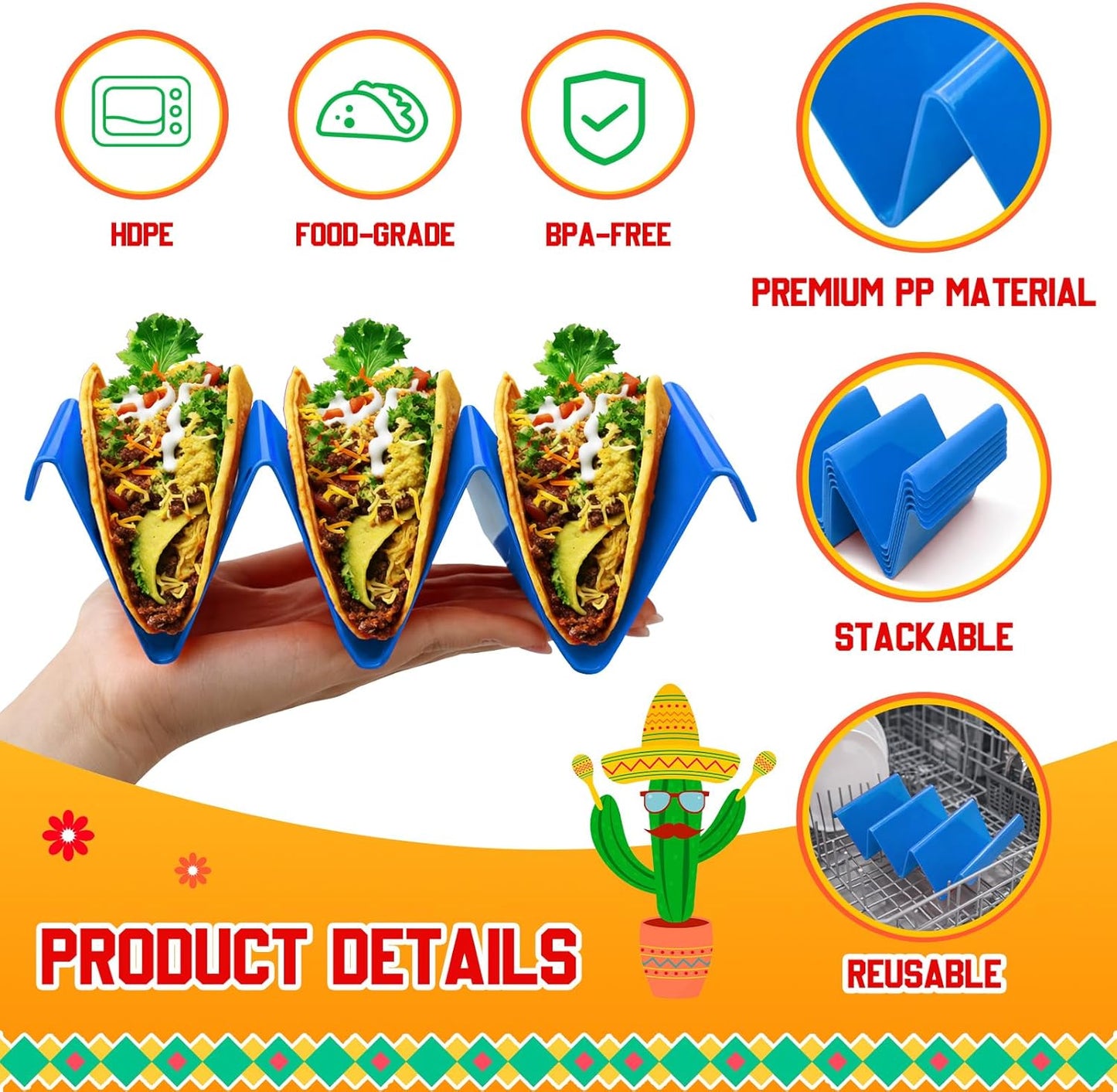 6 Pcs Taco Holder Stands Taco Tuesday Set, Holds Up to 3 Tacos, Premium PP Material Sturdy and Durable, Microwave or Dishwasher Top Rack (Yellow)