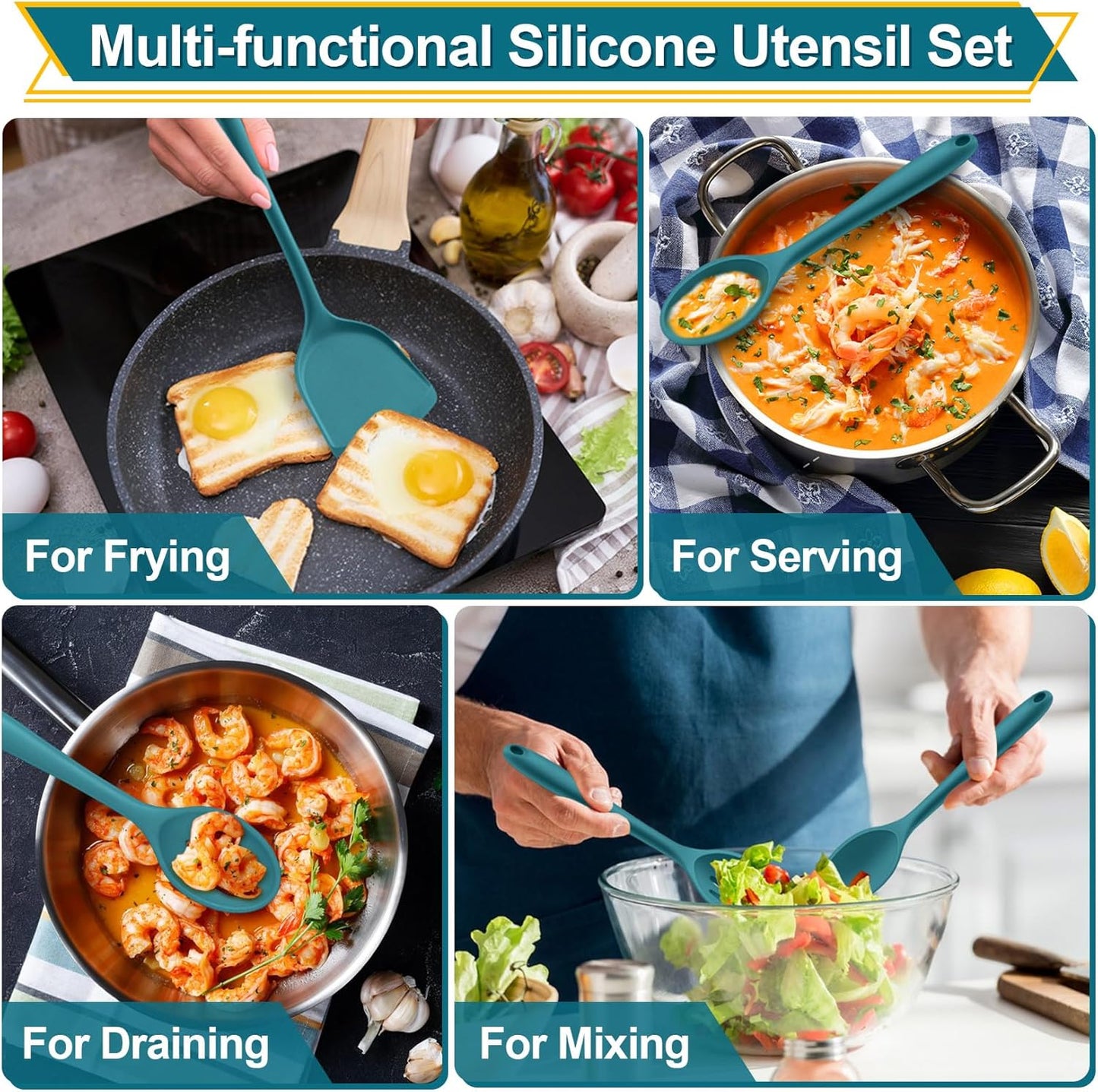 P&P CHEF Kitchen Utensil Set, 4 Pieces Non-stick Silicone Cooking Utensils, Heat-resistant Slotted Solid Spoon Turner for Frying, Mixing, Serving, Non-toxic & Easy to Clean, Blue