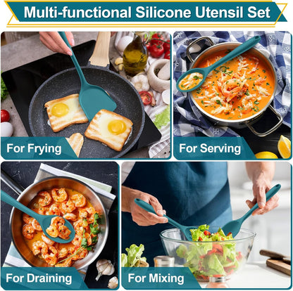 P&P CHEF Kitchen Utensil Set, 4 Pieces Non-stick Silicone Cooking Utensils, Heat-resistant Slotted Solid Spoon Turner for Frying, Mixing, Serving, Non-toxic & Easy to Clean, Blue