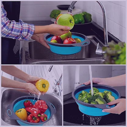 3PCS Green Foldable Kitchen Strainer Set – Silicone Colander Collapsible Strainers and Colanders Green Collander for Kitchen Collapsible Compact Drain Tools for Cooking Prep