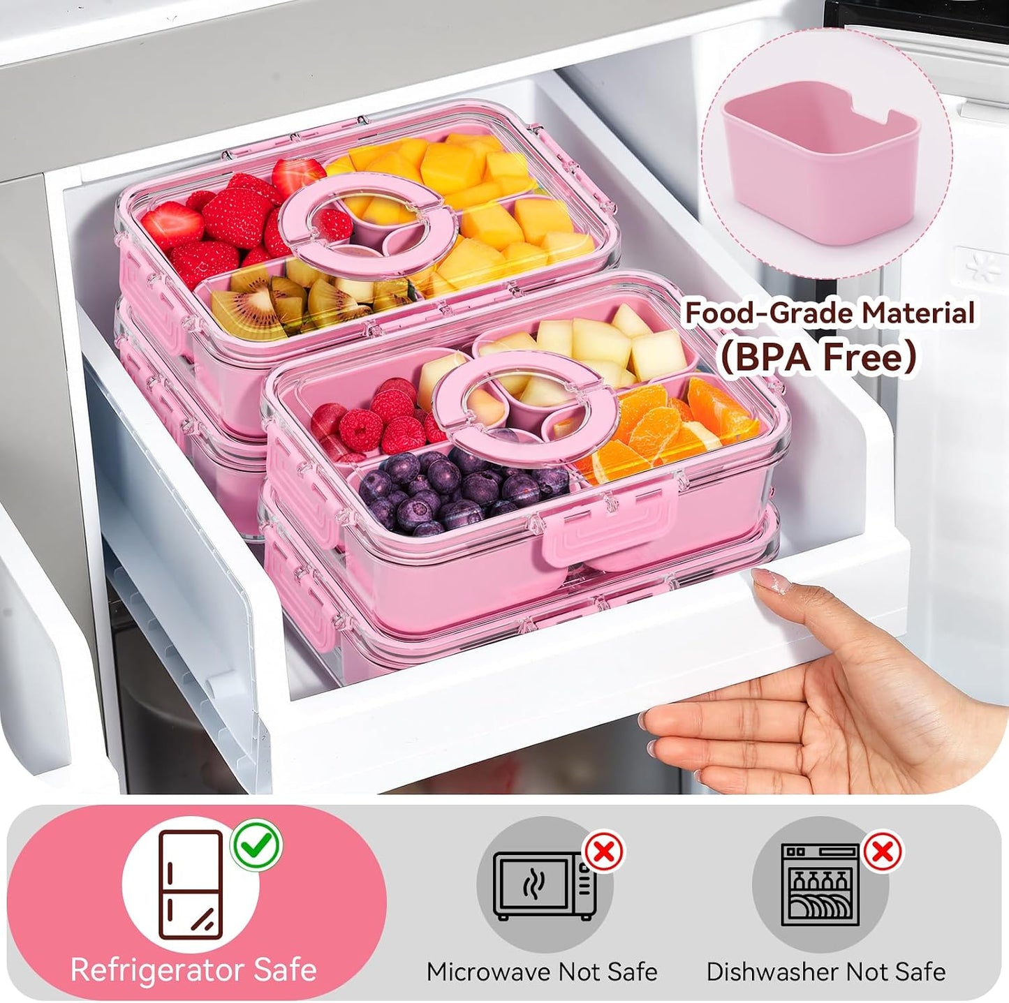 Snackle Box Container,2 Pack Divided Clear Snack Box Serving Tray with Lid and Handle,Charcuterie Board with Lid, Snack Organizer for Beach Picnic, Refrigerator Fresh, Party, Holidays and Travel